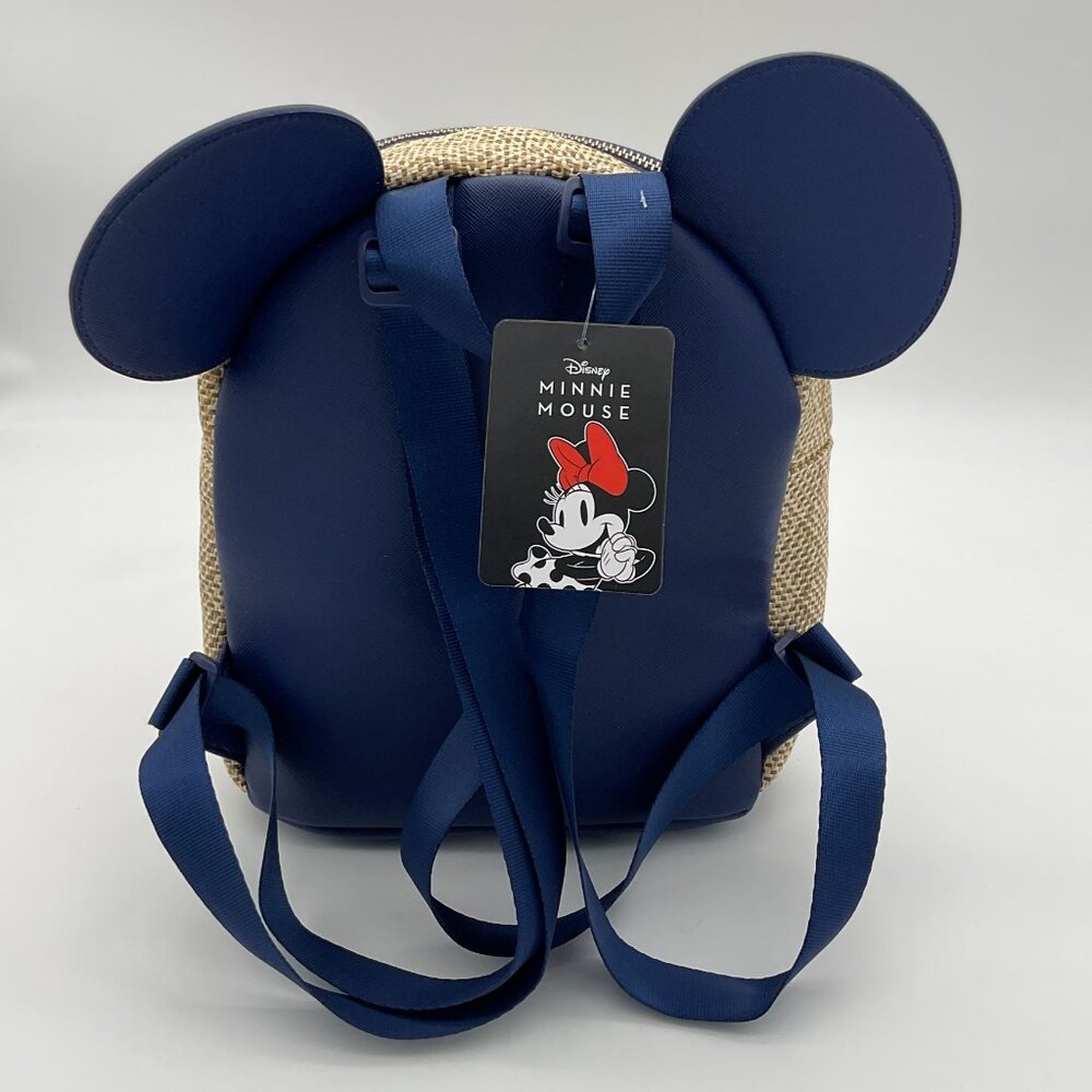 Bioworld Disney Minnie Mouse Floral Ears Woven Mini Backpack Navy Trim NWT - Picture 3 of 10